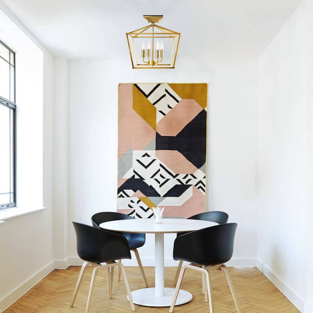 Sheldon 14 in. 4-Light Brass Semi-Flush Mount, Light Bulbs Included - Hercitys