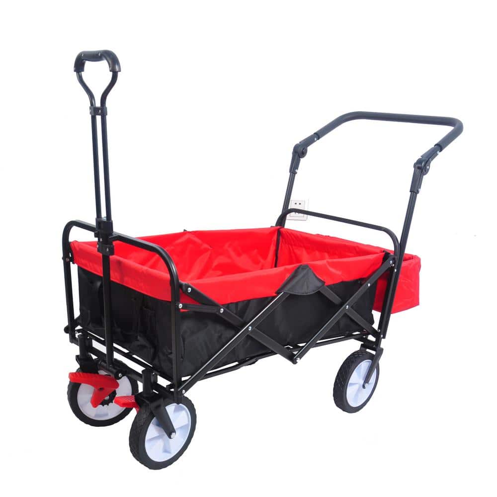 6 cu. ft. PVC Fabric Outdoor Black Red Folding Garden Cart with Drink Holder and Adjustable Handles - Hercitys