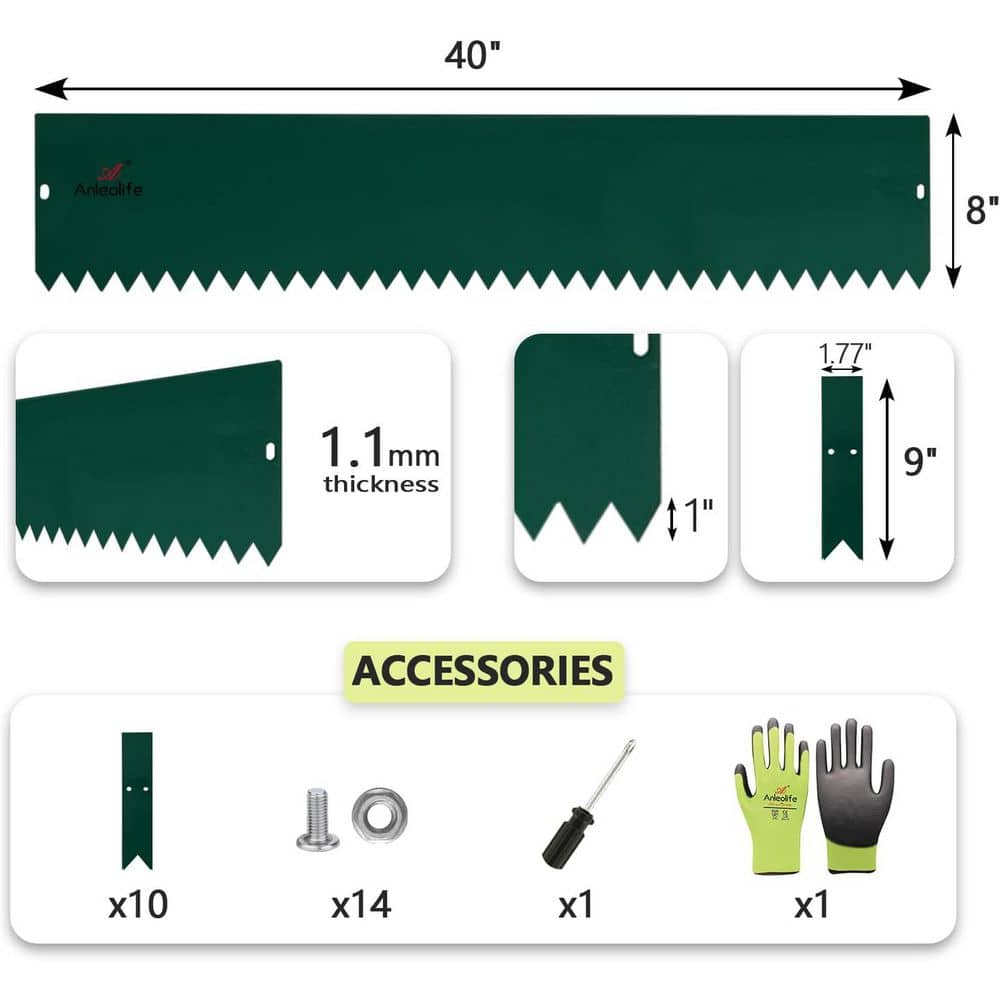 6 Pack 40 in. L x 8 in. H Green Steel Garden Landscape Edging for Straight/Mild Curved Lines with Gloves and 10 Stakes - Hercitys