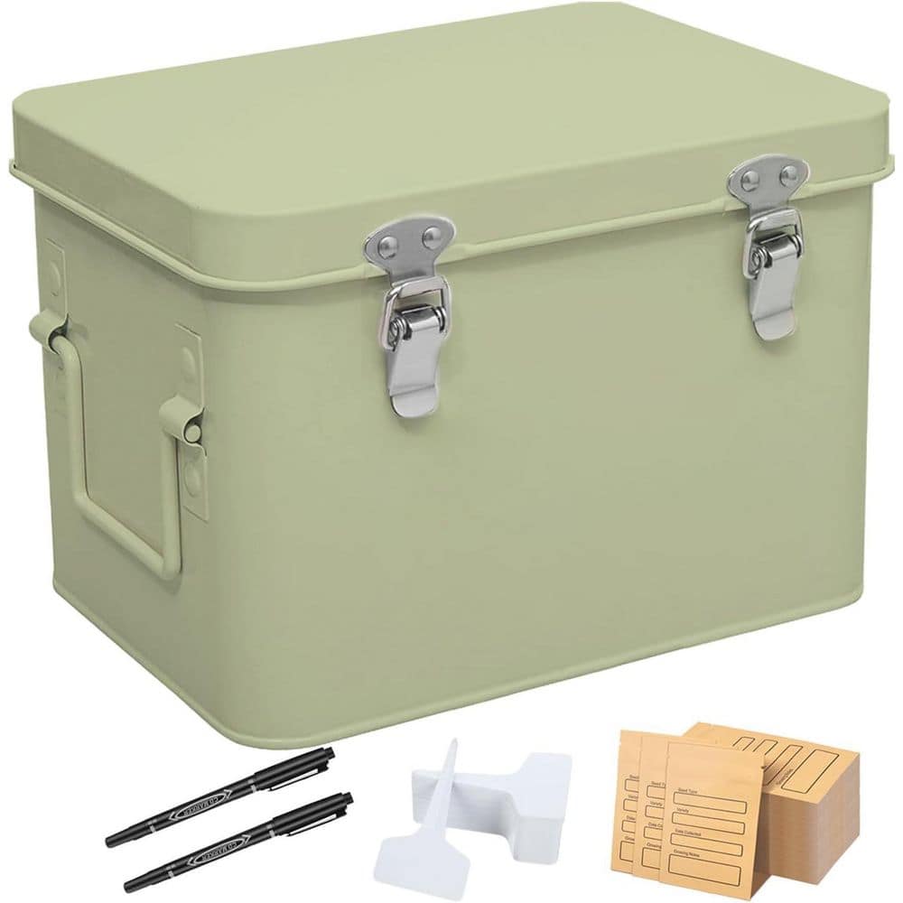 Seed Storage Box with Dividers Durable Metal Organizer Includes Pens Plant Labels Envelopes Green for Gardening - Hercitys