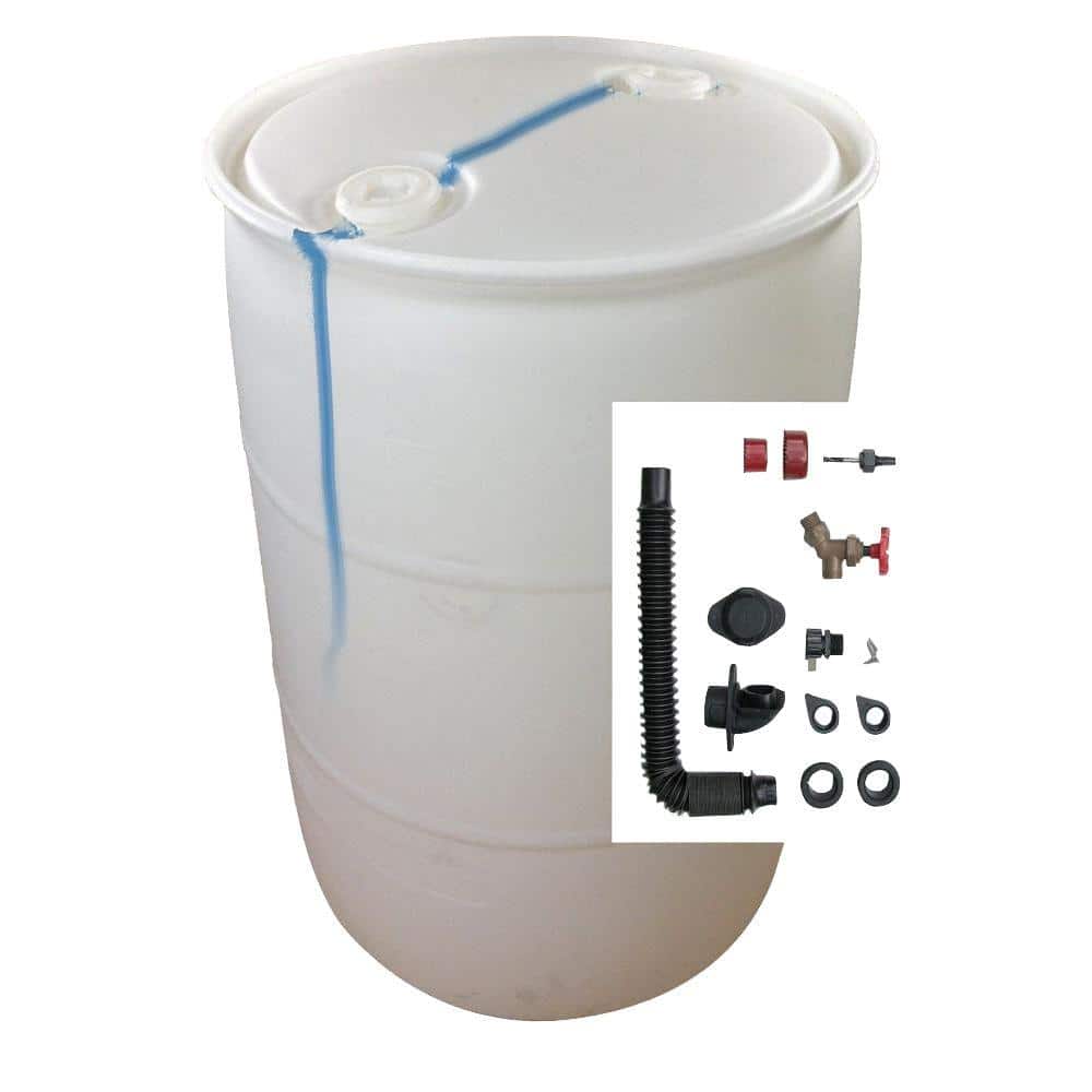 DIY Rain Barrel Bundle with Diverter System 55 gallon Blemished Natural White Plastic Drum - Hercitys
