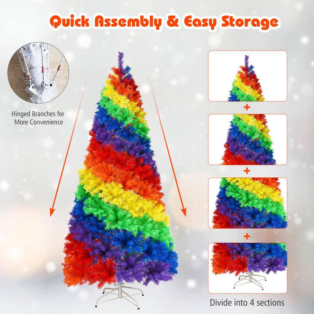 7 ft. Colorful Rainbow Hinged Artificial Christmas Tree Holiday Decor with Metal Stand - Hercitys