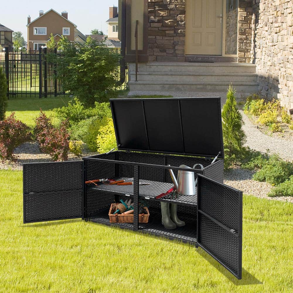 Outdooor Garden Patio 88 Gal. Rattan Storage Deck Box, Black - Hercitys