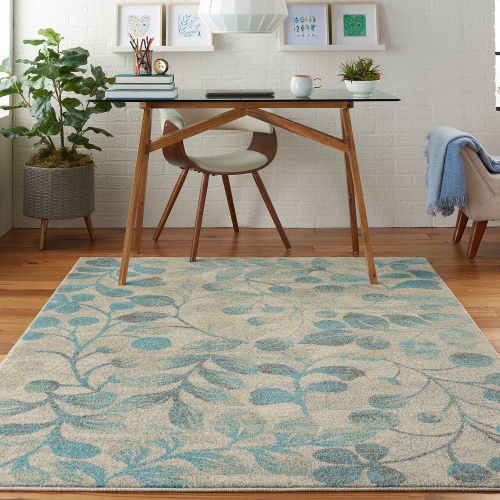 Tranquil Ivory/Turquoise 5 ft. x 7 ft. Floral Modern Area Rug - Hercitys