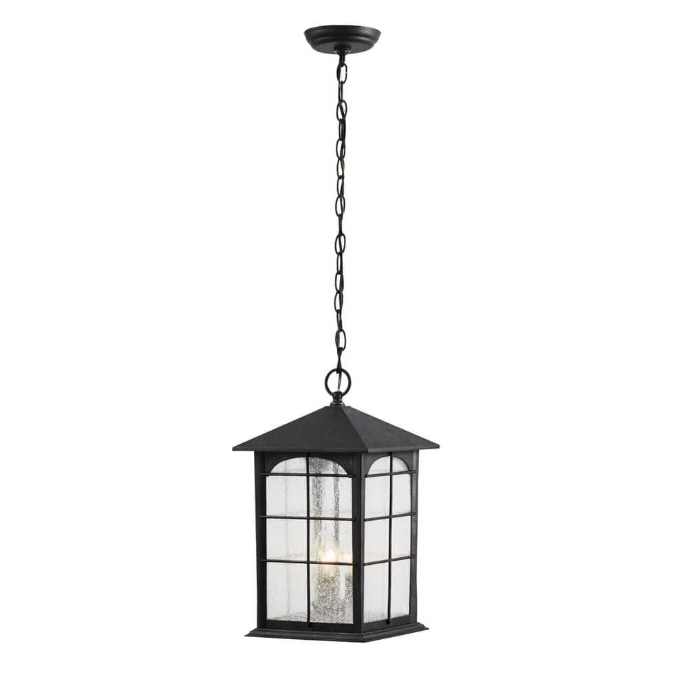 Brimfield 3-Light Aged Iron Outdoor Hanging Pendant Lamp with Clear Seedy Glass - Hercitys