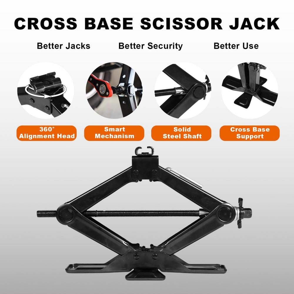 Wide Base Cross, Quick Lift Car Scissor Jack Include Ratchet Wrench, 1.5 Ton (3,000 lbs.) Capacity, Black - Hercitys