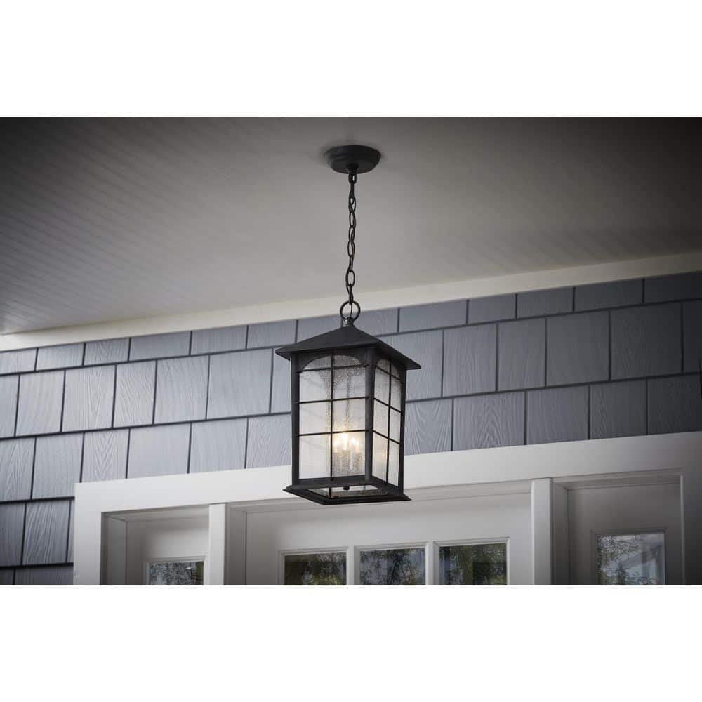 Brimfield 3-Light Aged Iron Outdoor Hanging Pendant Lamp with Clear Seedy Glass - Hercitys