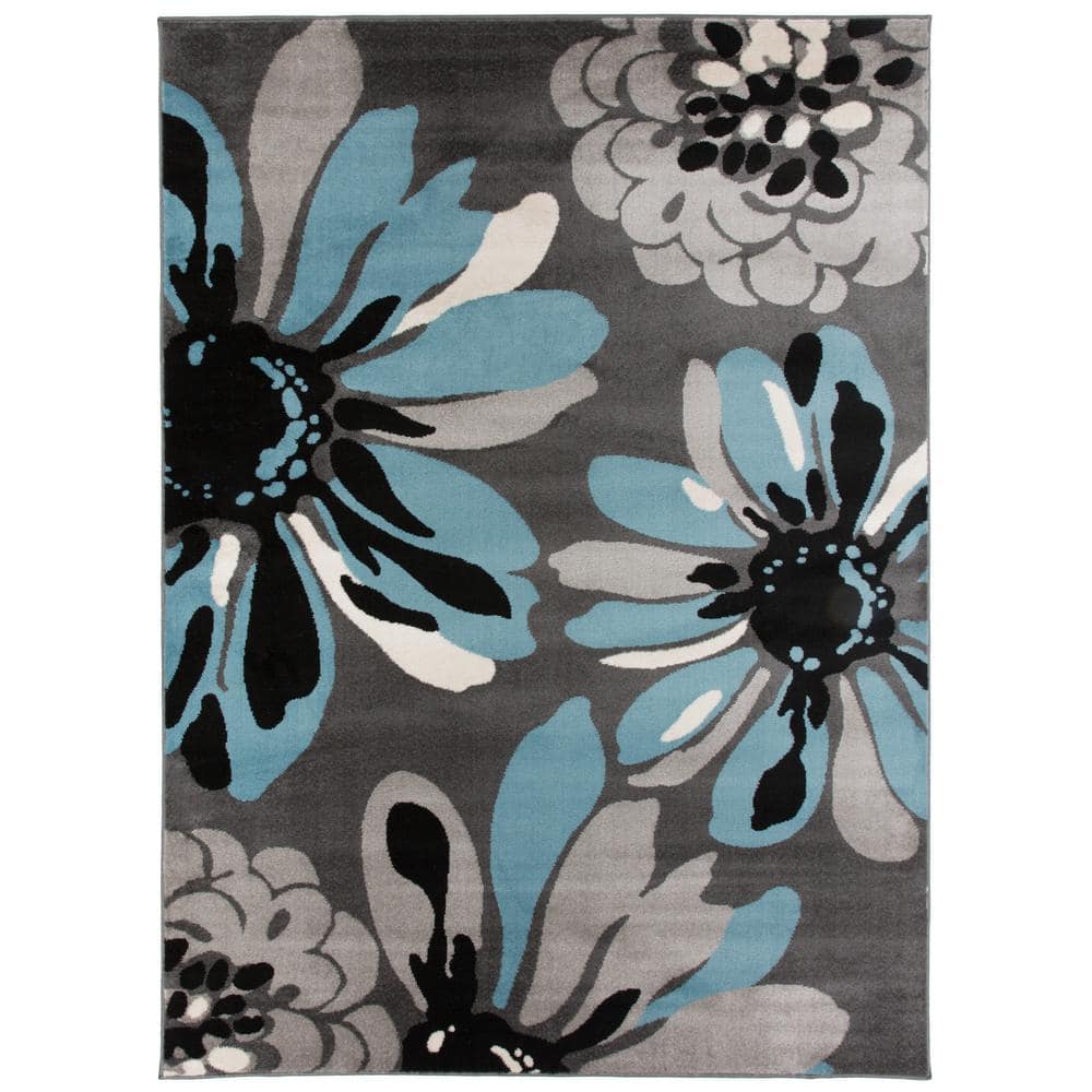 Modern Floral Flowers Blue 5 ft. 3 in. x 7 ft. 3 in. Indoor Area Rug - Hercitys