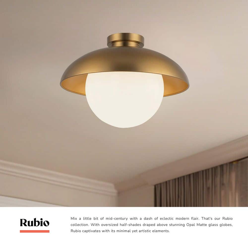 Rubio 12 in. 1 Light 60-Watt Aged Gold/Opal Matte Glass Flush Mount - Hercitys