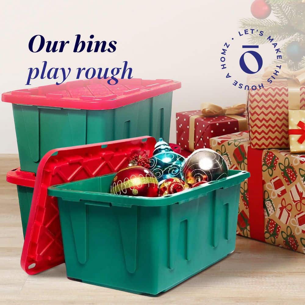 Durable 27-Gal. Heavy Duty Holiday Storage Tote, Green/Red, (4 Pack) - Hercitys