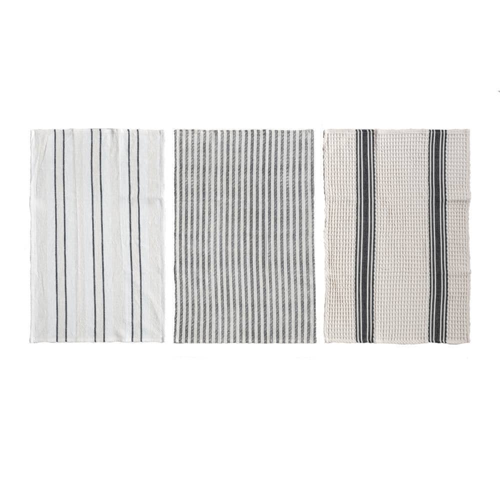White and Black Stripes Eclectic Cotton Slub Weave Kitchen Towel (Set of 3) - Hercitys