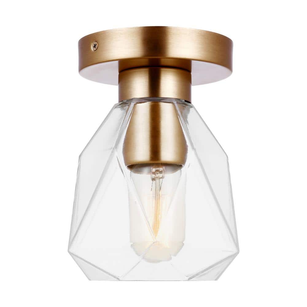 Quinn 6 in. 1-Light Satin Brass Transitional Indoor/Outdoor Dimmable Wall or Ceiling Flush Mount with Clear Glass - Hercitys
