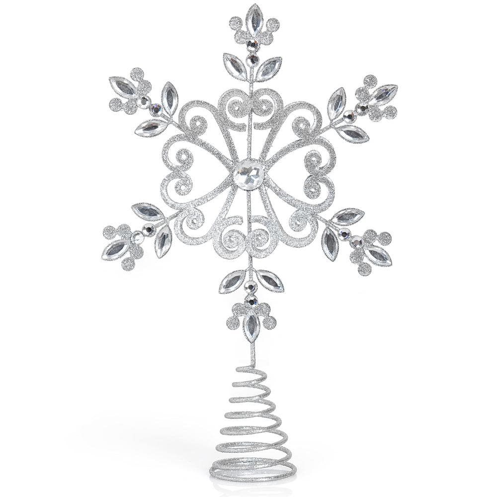 Star Snowflake Tree Topper – Silver Glitter Floral Snowflake with a Sparkling Gem Christmas Tree Top Decor - Hercitys
