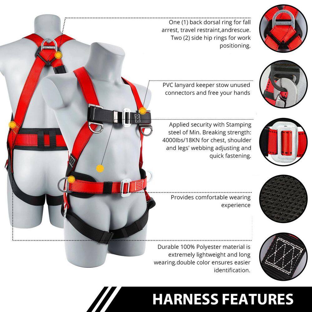 Safety Harness Fall Protection Kit, Full Body Roofing harnesses with Shock Absorbing Lanyard, Red (1-Pack) - Hercitys