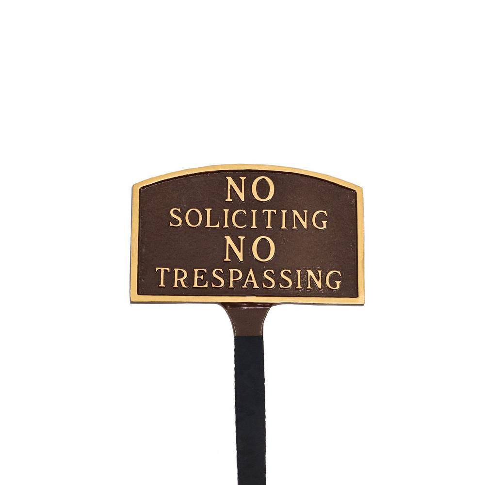 No Soliciting, No Trespassing Arch Small Statement Plaque with 23 in. Lawn Stake – Oil Rubbed/Gold - Hercitys