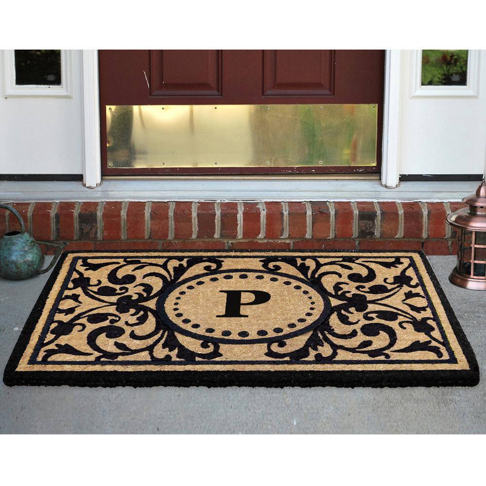 Heavy Duty Black 30 in. x  48 in. Coir Heritage Monogrammed P Indoor Outdoor Door Mat - Hercitys