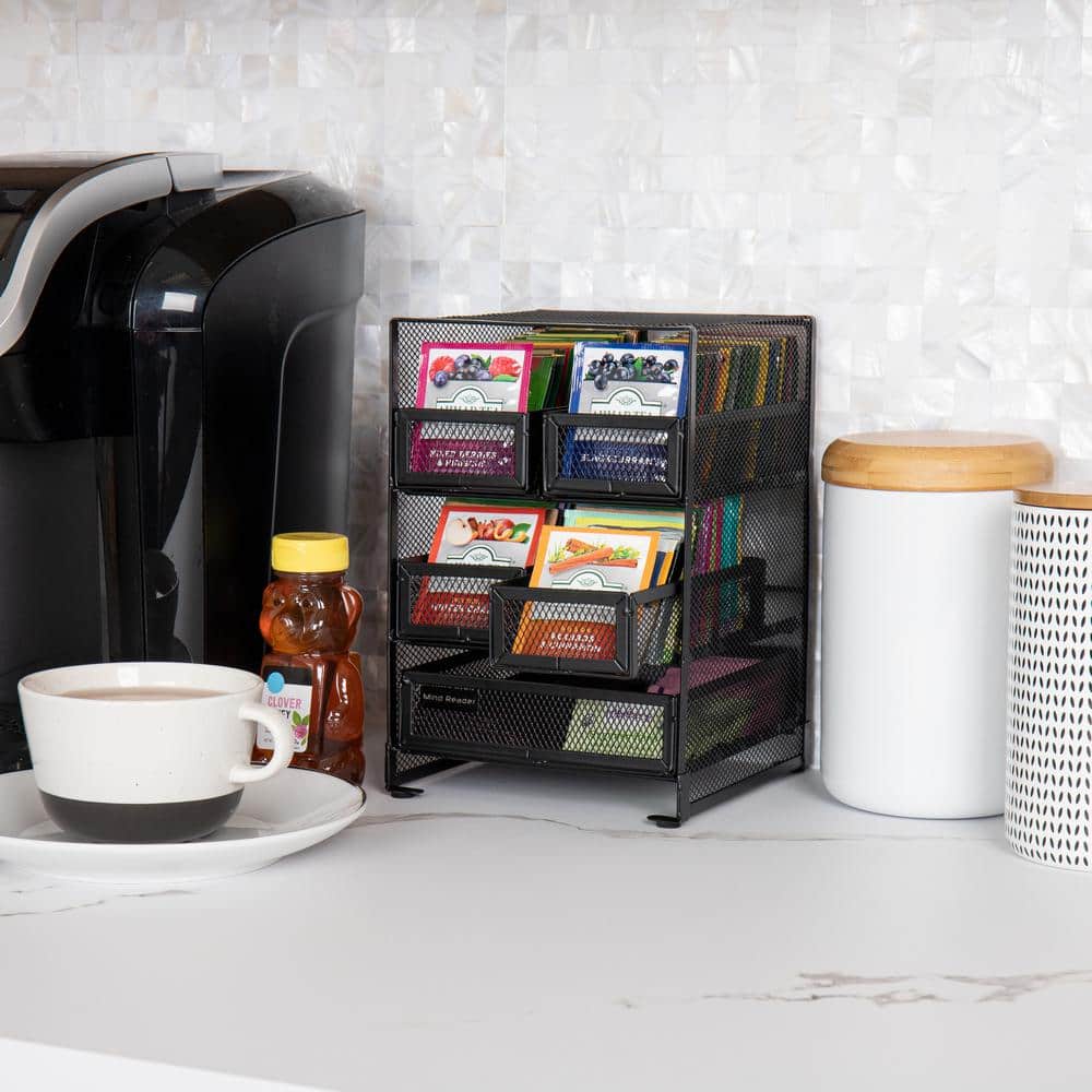Tea Bag Organizer Tea Station Organizer Countertop Storage Metal 7 in. L x 6.75 in. W x 10 in. H, Black - Hercitys