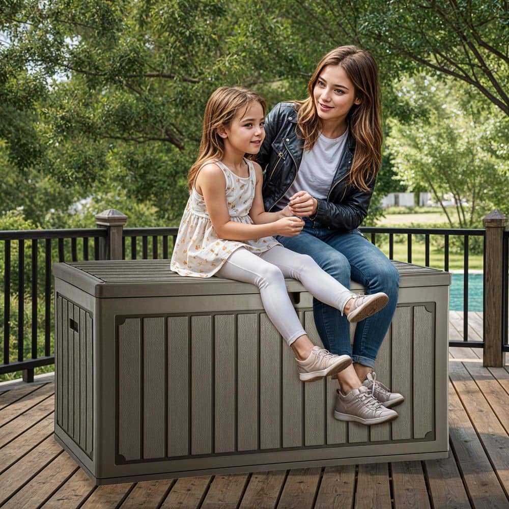 90 Gal. Double-Wall Deck Box, Large Resin Outdoor Storage Box for Patio Furniture, Lockable and Waterproof, Light Brown - Hercitys