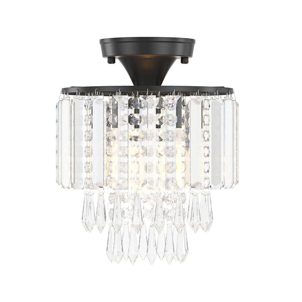 Modern 9.05 in. 1-Light Black Crystal Semi-Flush Mount Mini 3-Tier Close to Ceiling Light Fixture - Hercitys