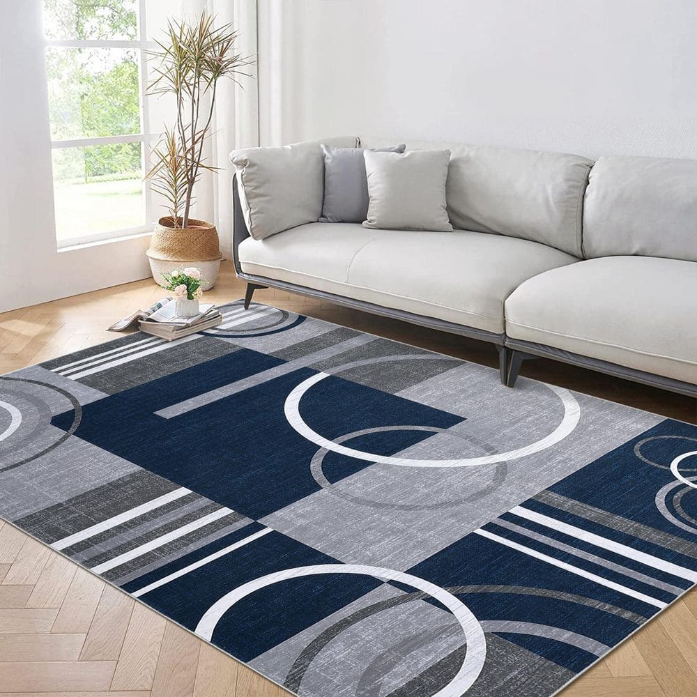 Dark Blue 9x12ft Geometric Abstract Washable Area Rug - Hercitys