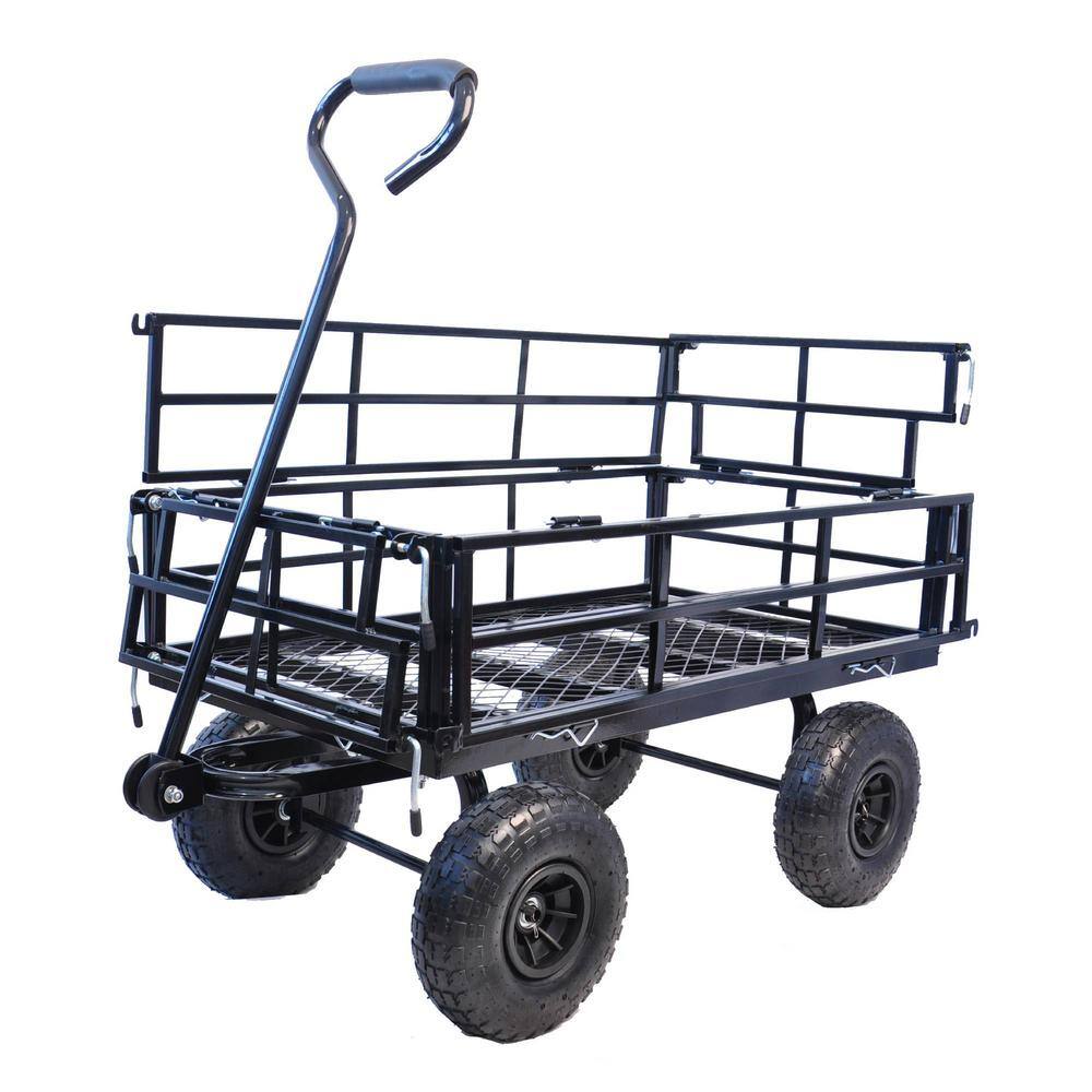 7 cu. ft. Black Metal Frame Outdoor Folding Utility Wagon Garden Cart with Double Layer Detachable Sides - Hercitys