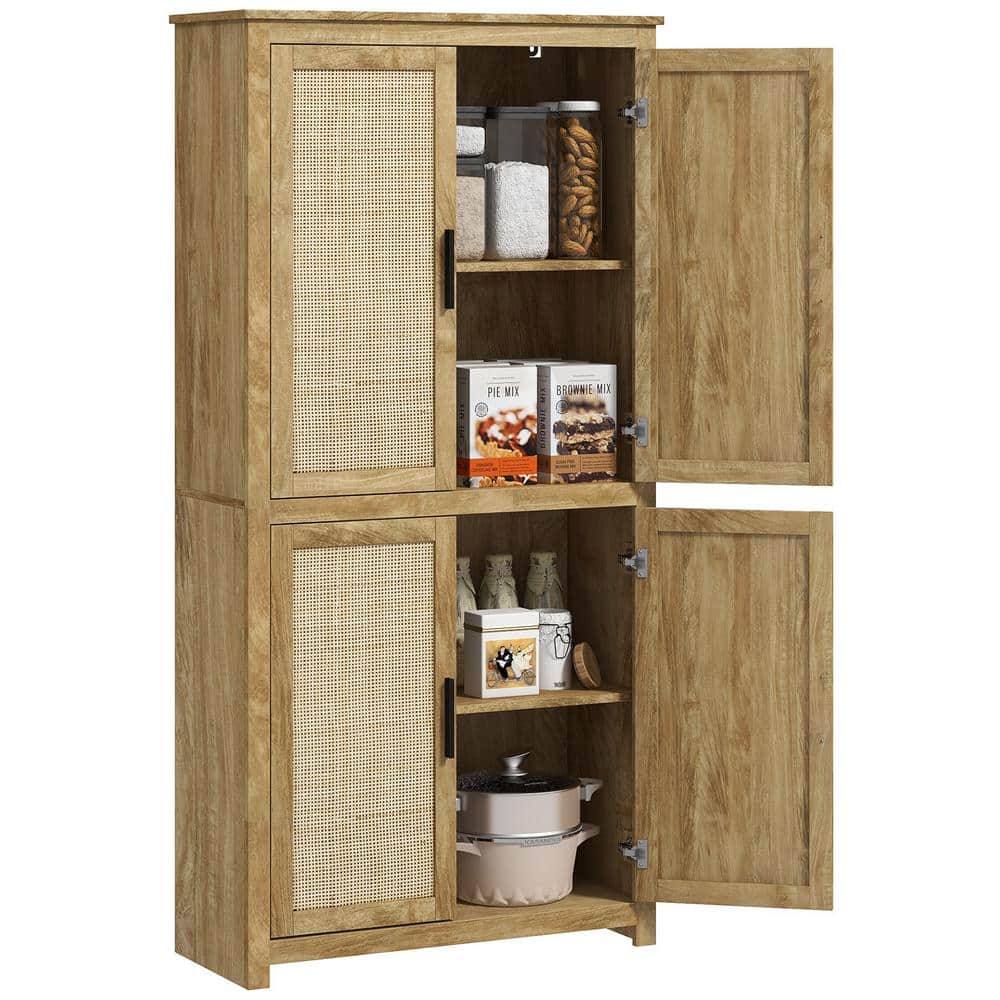 Natural Wood 64 in. 4-Tier Shelves Freestanding Kitchen Pantry Storage Cabinet, with 4-Rattan Doors and Adjustable Shelf - Hercitys