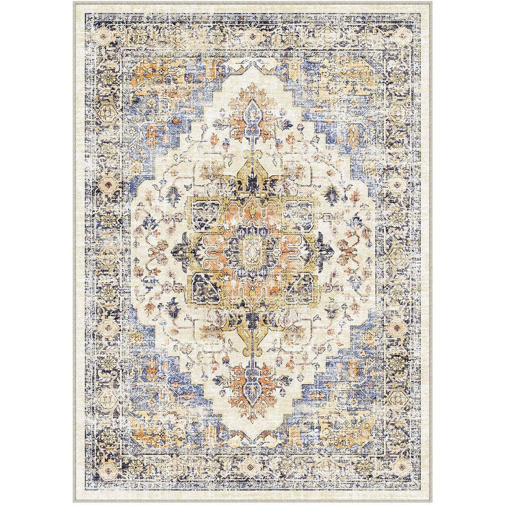 Tabriz Blue/Orange 9 ft. x 12 ft. Vintage Washable Medallion Distressed Area Rug - Hercitys