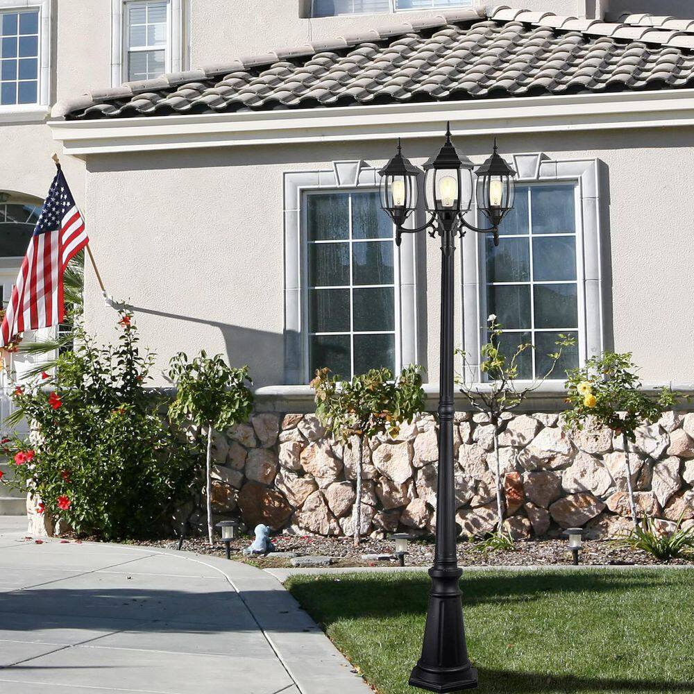 85.43 in. 3-Light Matte Black Metal Hardwired Rust Resistant Post Light Set with No bulb Included and Dusk to Dawn - Hercitys