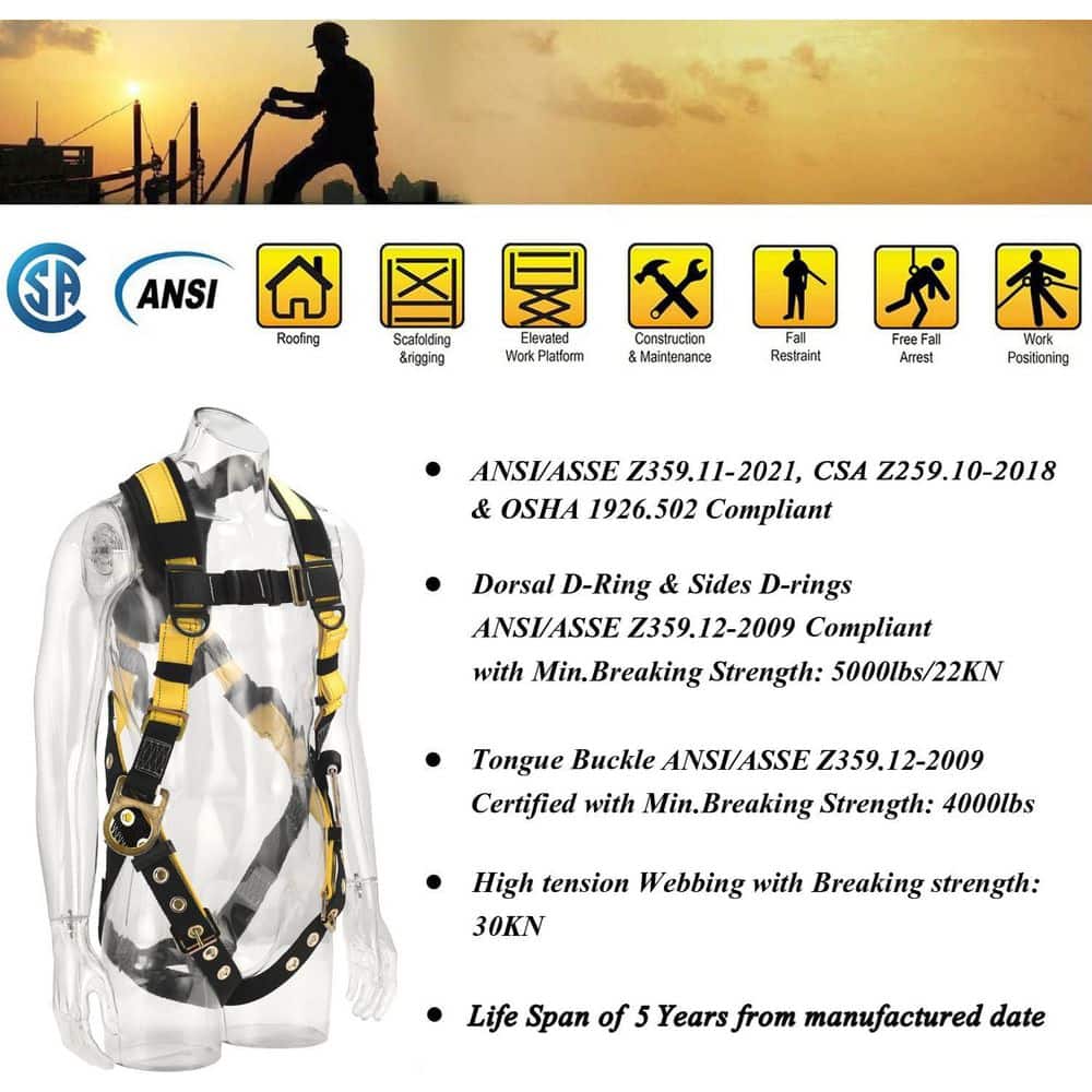 Industrial Fall Protection Safety Harness 3D-Rings with Leg Tongue Buckles Shoulder Pad Support ANSI CSA Compliant - Hercitys
