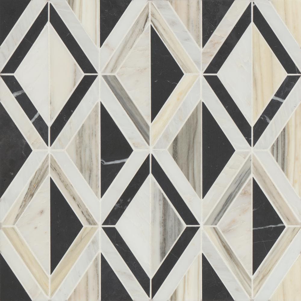 Modni Eastern White/Nero Marquina/Calacatta Zebrino 10 in. x 16 in. Geometric Honed MarbleMosaic Tile (5.6 sq. ft./Case) - Hercitys