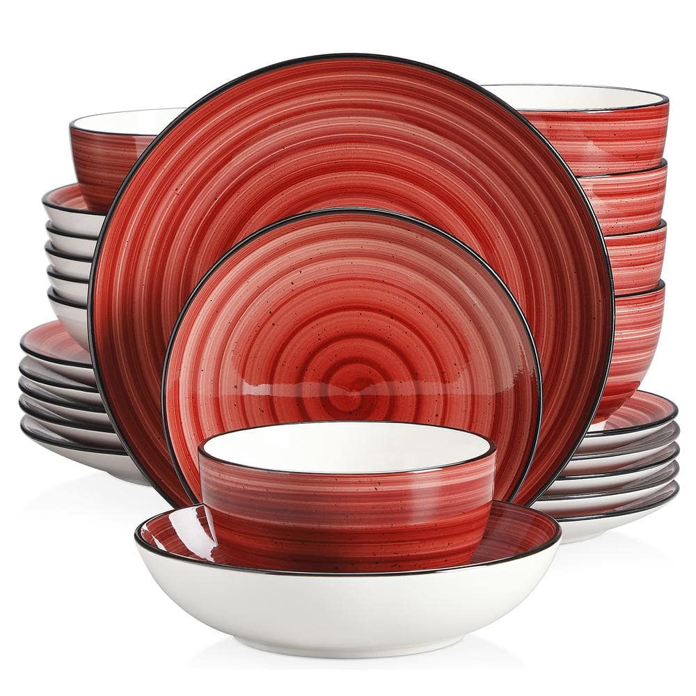 Bonbon 24-Pieces Red Stoneware Hand-Painted Spirals Pattern Dinnerware Set (Service for 6) - Hercitys