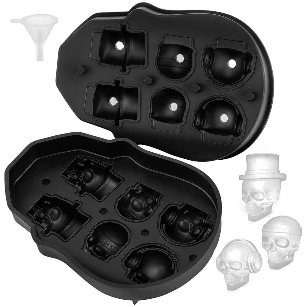 6-Grid Black Silicone Skull Ice Cube Tray with Lid and Funnel for Parties and Holidays - Hercitys