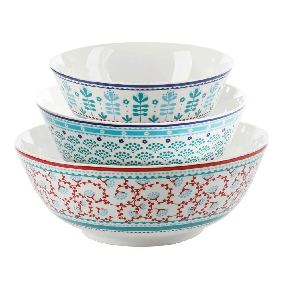 Village Vines 3-Piece Fine Ceramic Nesting Mixing Bowl Set in Assorted Colors - Hercitys