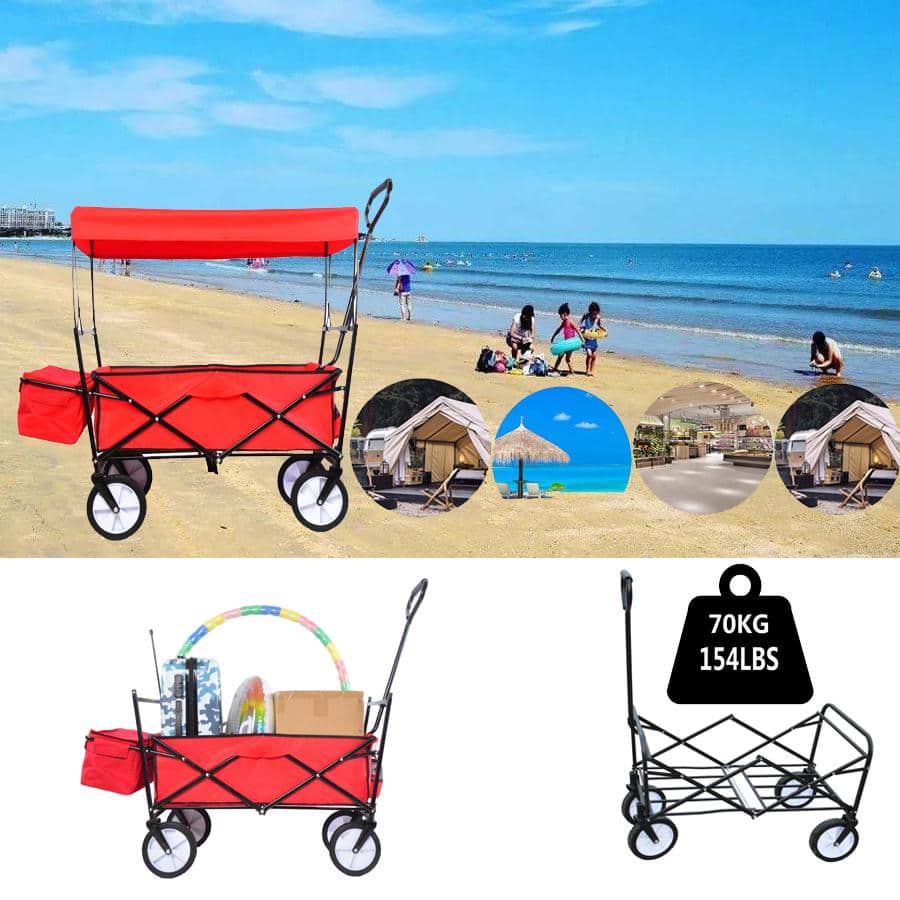 Capacity 3.6 cu.ft. Outdoor Folding Metal Large Capacity Cart Garden Cart with Cover, Red - Hercitys