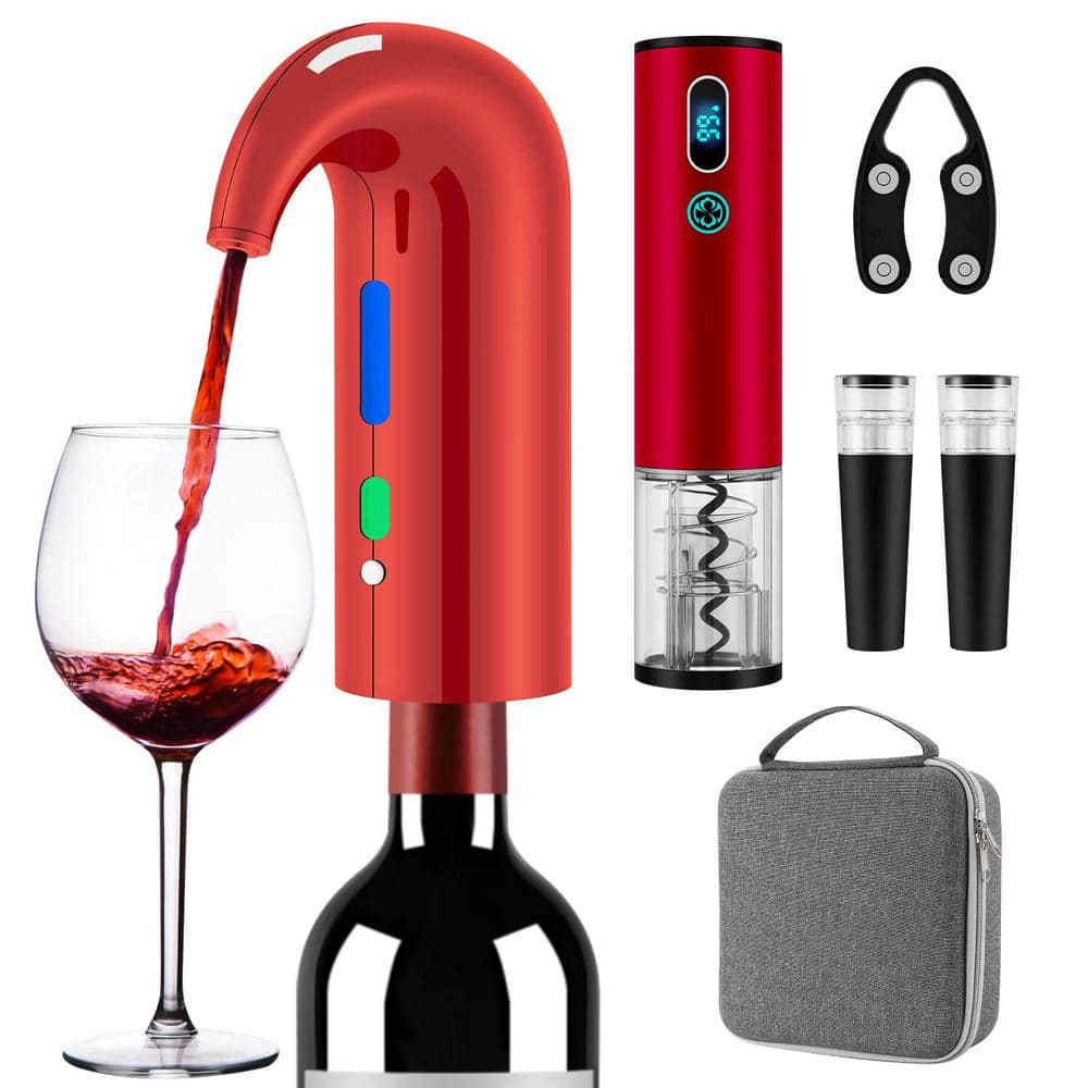 Red Electric Wine Bottle Opener Set with Wine Decanter, Aerator and Pourer, Stopper, Foil Cutter and Storage Bag - Hercitys