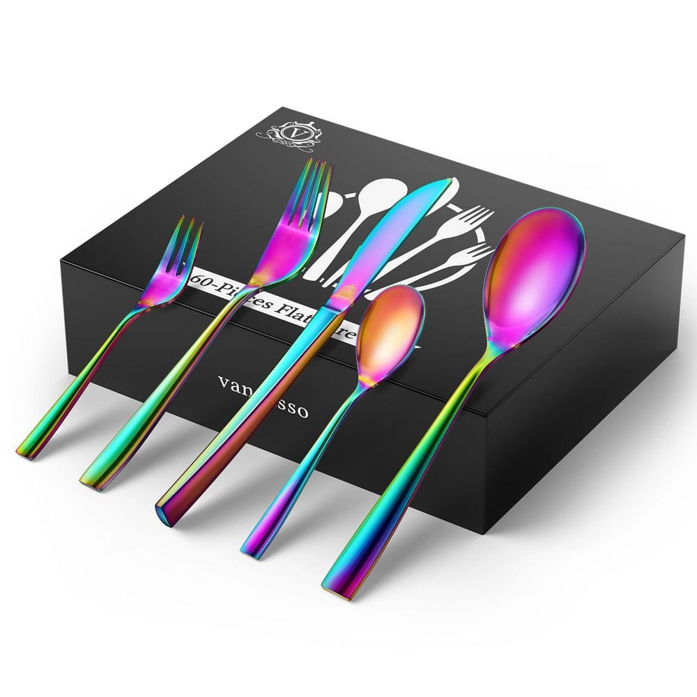 60-Piece Rainbow Colors Stainless Steel Flatware Set Serving Set Mirror Polished Silverware Set Service for 12 - Hercitys
