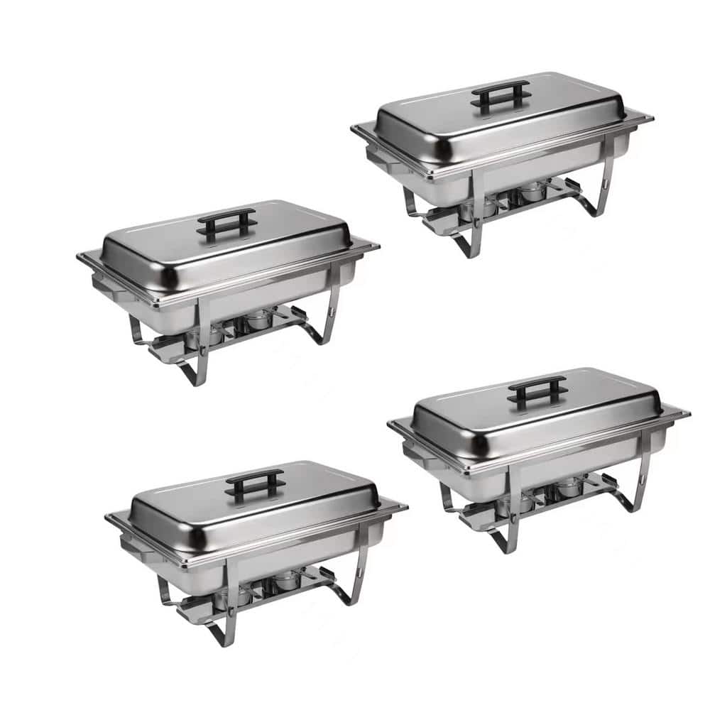 8 qt. Silver Stainless Steel Buffet Chafer Dish Set with 4 Full Size Pans Rectangle Catering Warmer Server - Hercitys