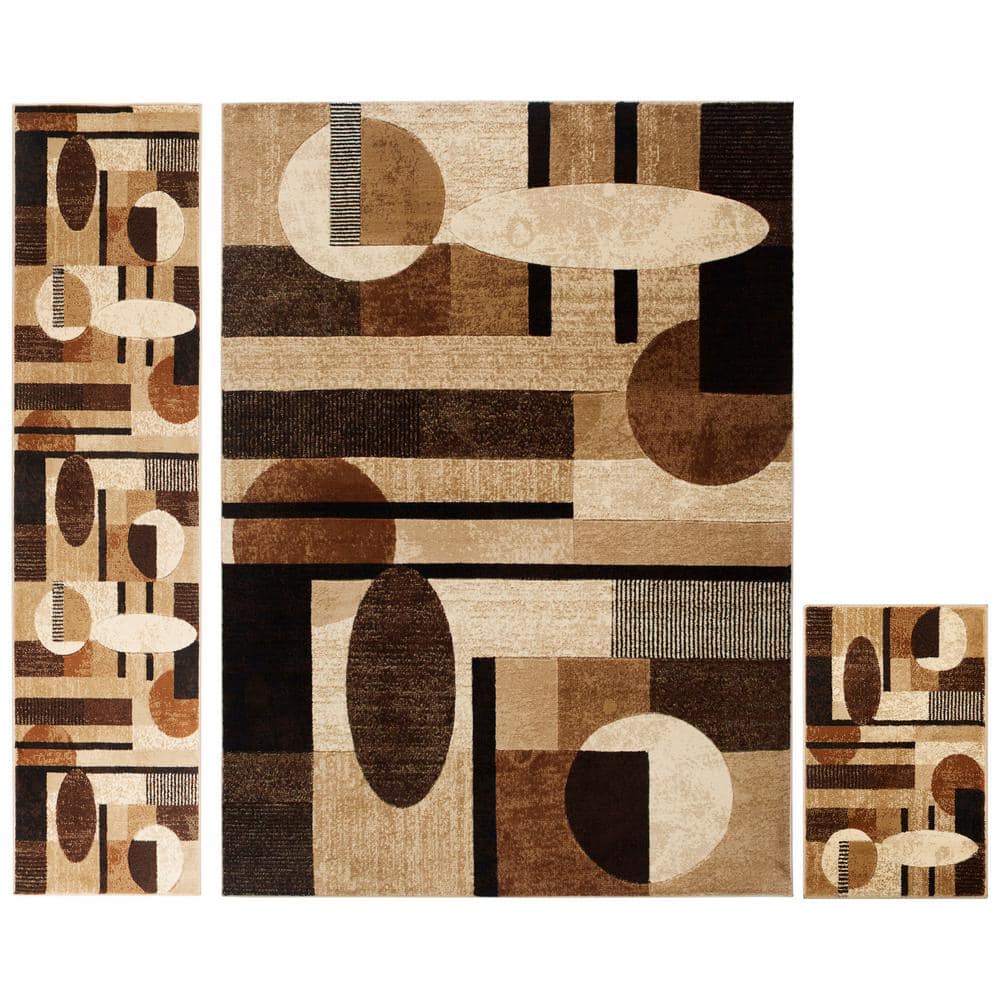 Tribeca Jasmine Brown/Beige 5 ft. x 7 ft. Geometric 3-Piece Area Rug Set - Hercitys
