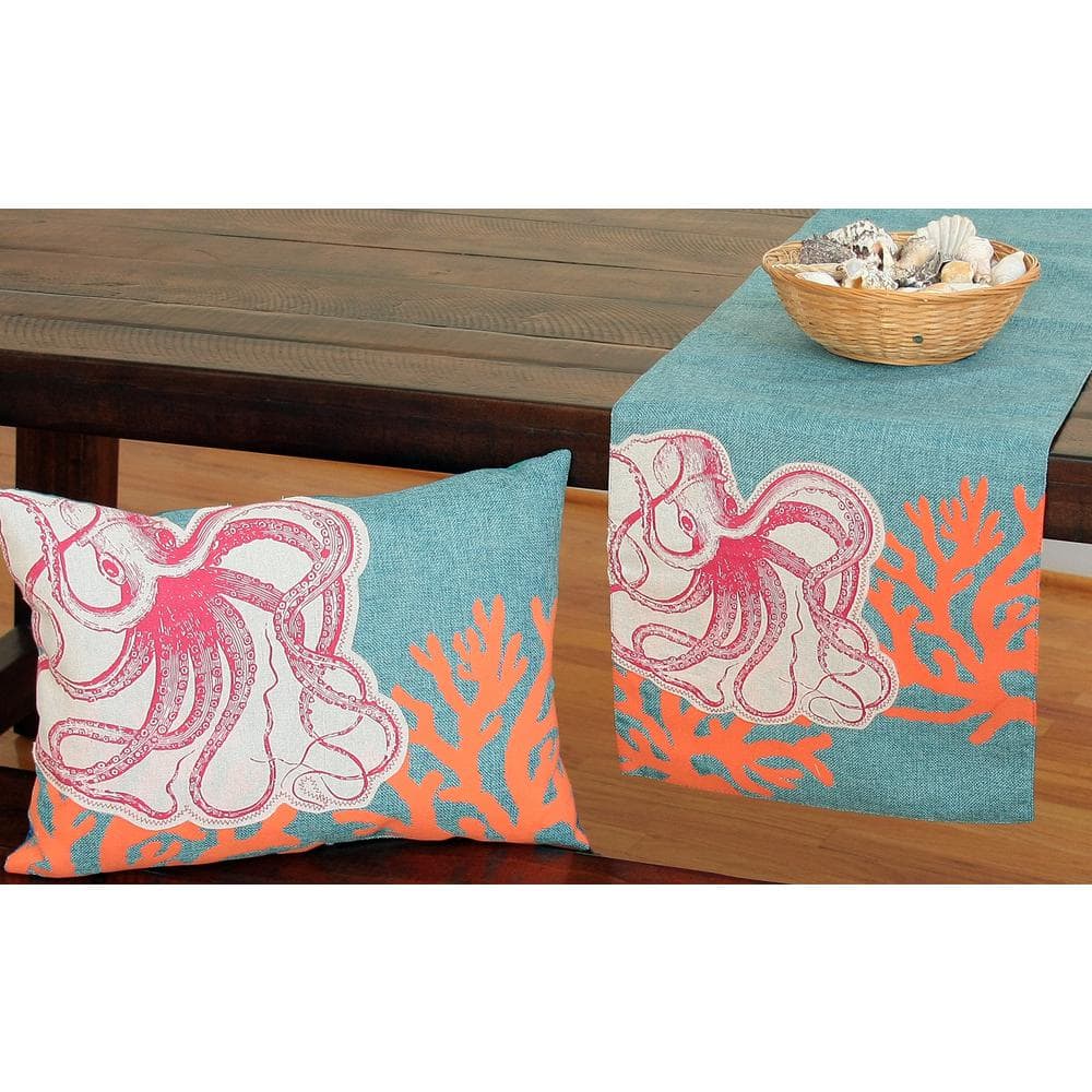 Sea Life 13.5 in. x 72 in. Blue Applique Octopus With Print Coral Coastal Table Runner - Hercitys