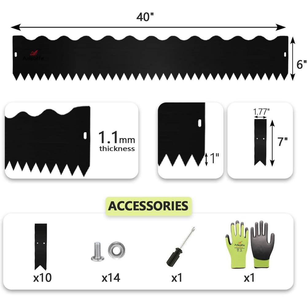 6-Pack 40 in. L x 6 in. H Black Steel Garden Landscape Edging, Lawn Border with Gloves and 10 Stakes(Wavy Edge) - Hercitys