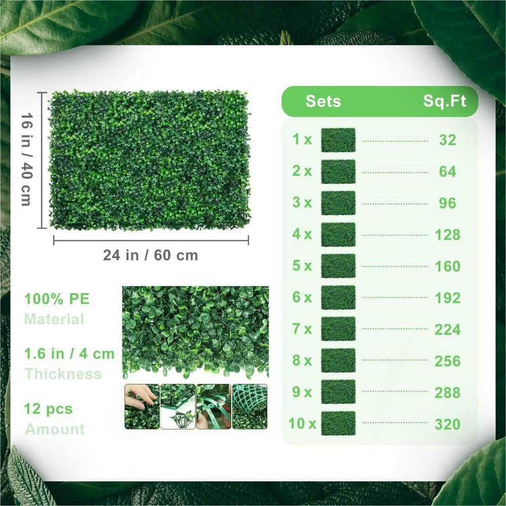 9.06 in. Plastic Artificial Boxwood Boards Garden Fence Panel Wall Decorations in green (12-Piece) - Hercitys