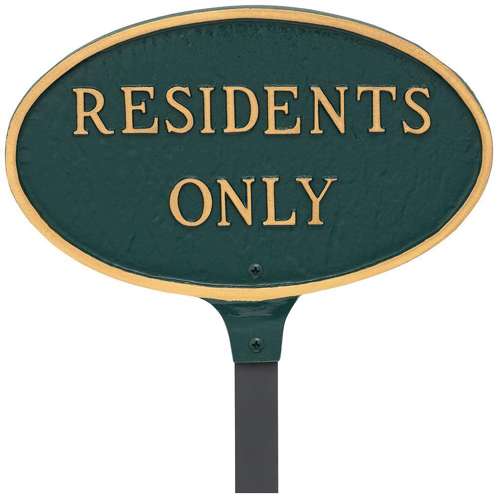 6 in. x 10 in. Small Oval Residents Only Statement Plaque Sign with 17.5 in. Lawn Stake – Green/Gold - Hercitys