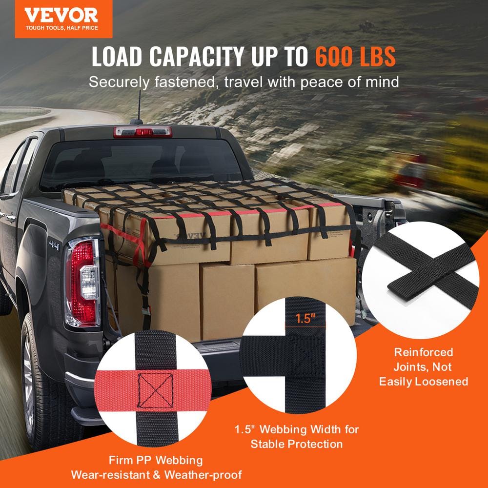 Cargo Net, 96 in. x 72 in., Heavy Duty Truck Cargo Net for Truck Bed, Rope, 4 Adjustable Straps with Buckles, S-Hooks - Hercitys