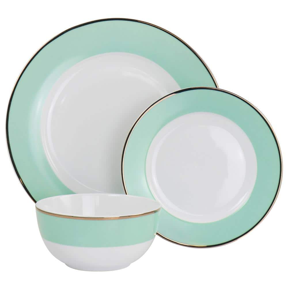 Martha Stewart Gold Rimmed 12 Piece Fine Ceramic Dinnerware Set in Mint Green Service for 4 - Hercitys
