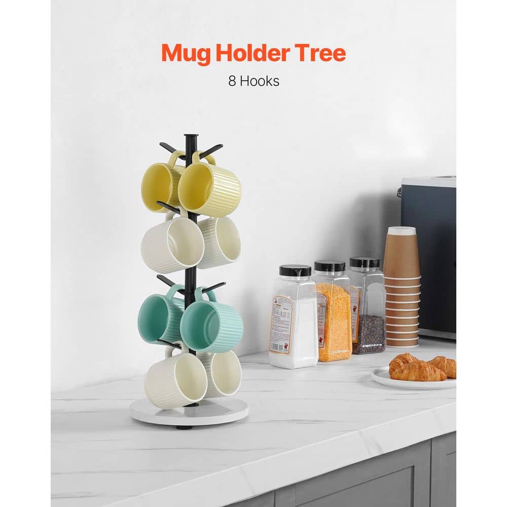 8-Hook Mug Holder Tree with Marble Base, Carbon Steel Coffee Cup Rack for Kitchen and Coffee Bar Organizer (Matte Black) - Hercitys