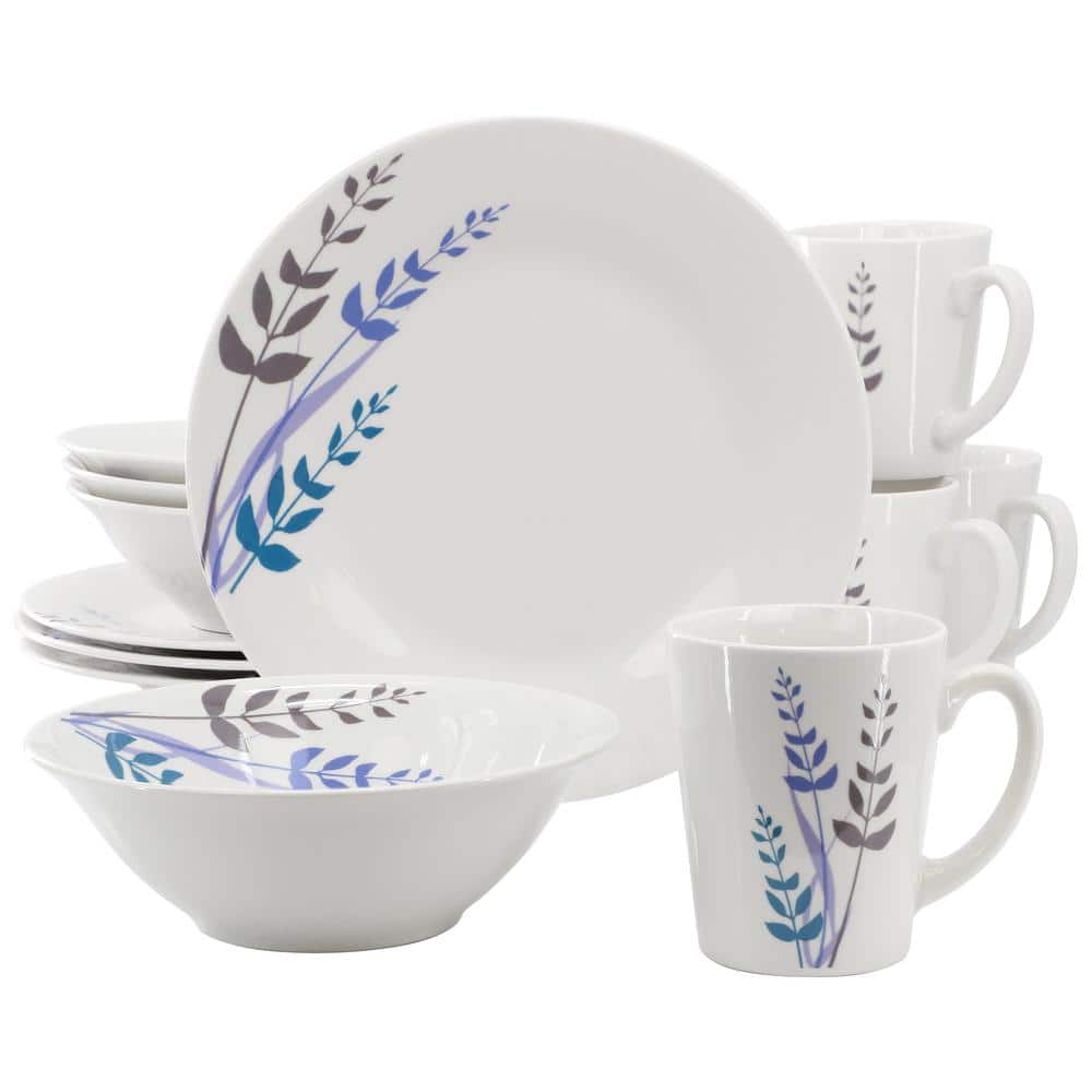 Blue Leaves 12-Piece Round Fine Ceramic Decorated Dinnerware Set in White - Hercitys