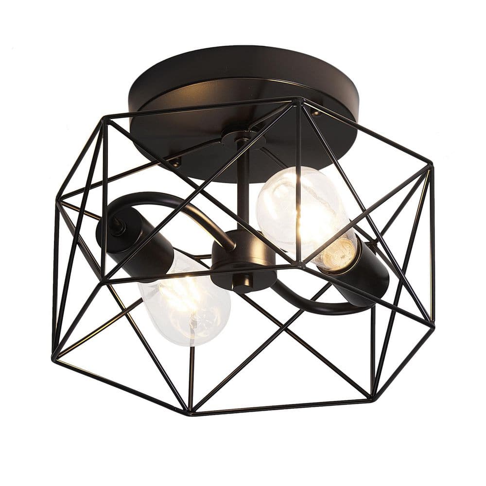 Industrial 11.8 in. 2-Light Farmhouse Geometric Flush Mount Black Rustic Metal Cage Ceiling Light - Hercitys