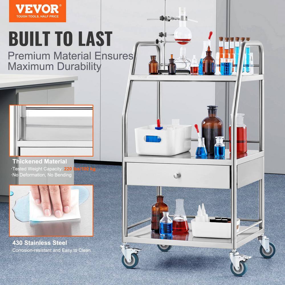Utility Cart，Lab Serving Cart, Kitchen Cart, Rolling Cart, Medical Cart for Laboratory, Hospital, Sliver - Hercitys