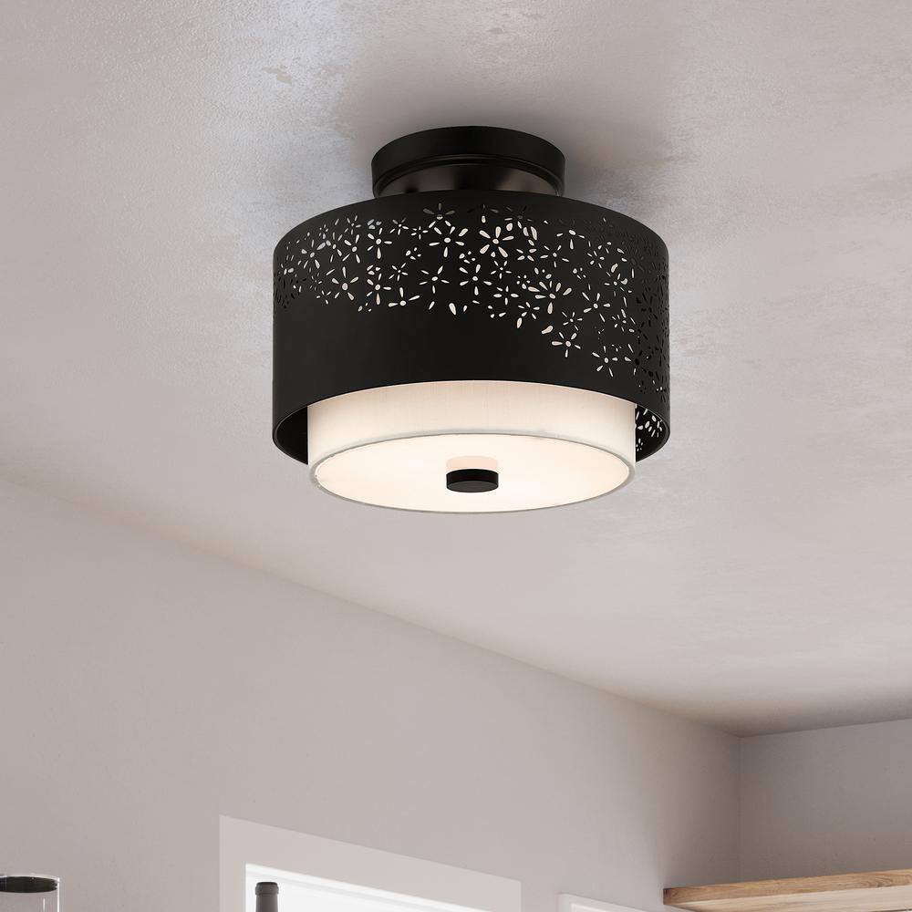 Kenton 12 in. 2-Light Black Semi Flush Mount with Off-White Fabric Shade - Hercitys