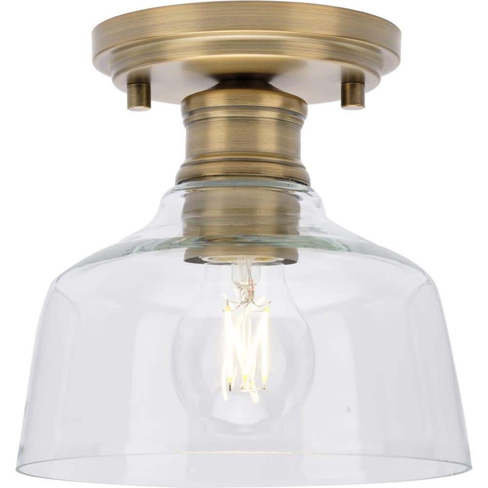 Singleton 7.62 in. 1-Light Vintage Brass Small Semi-Flush Mount Light with Clear Glass Shade - Hercitys